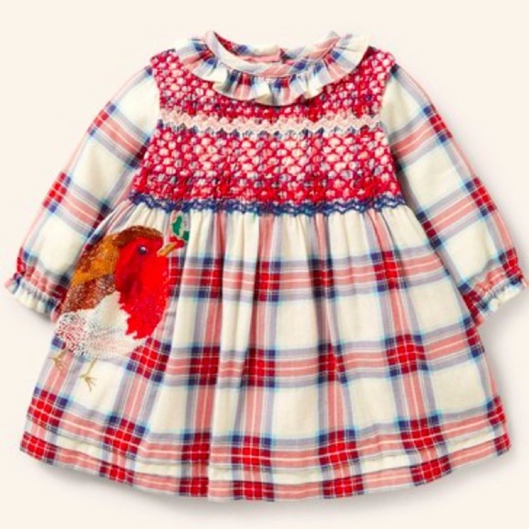 BABY BODEN Festive Check Red Robin Dress Plaid Back Button 3-6 Months - Picture 2 of 9